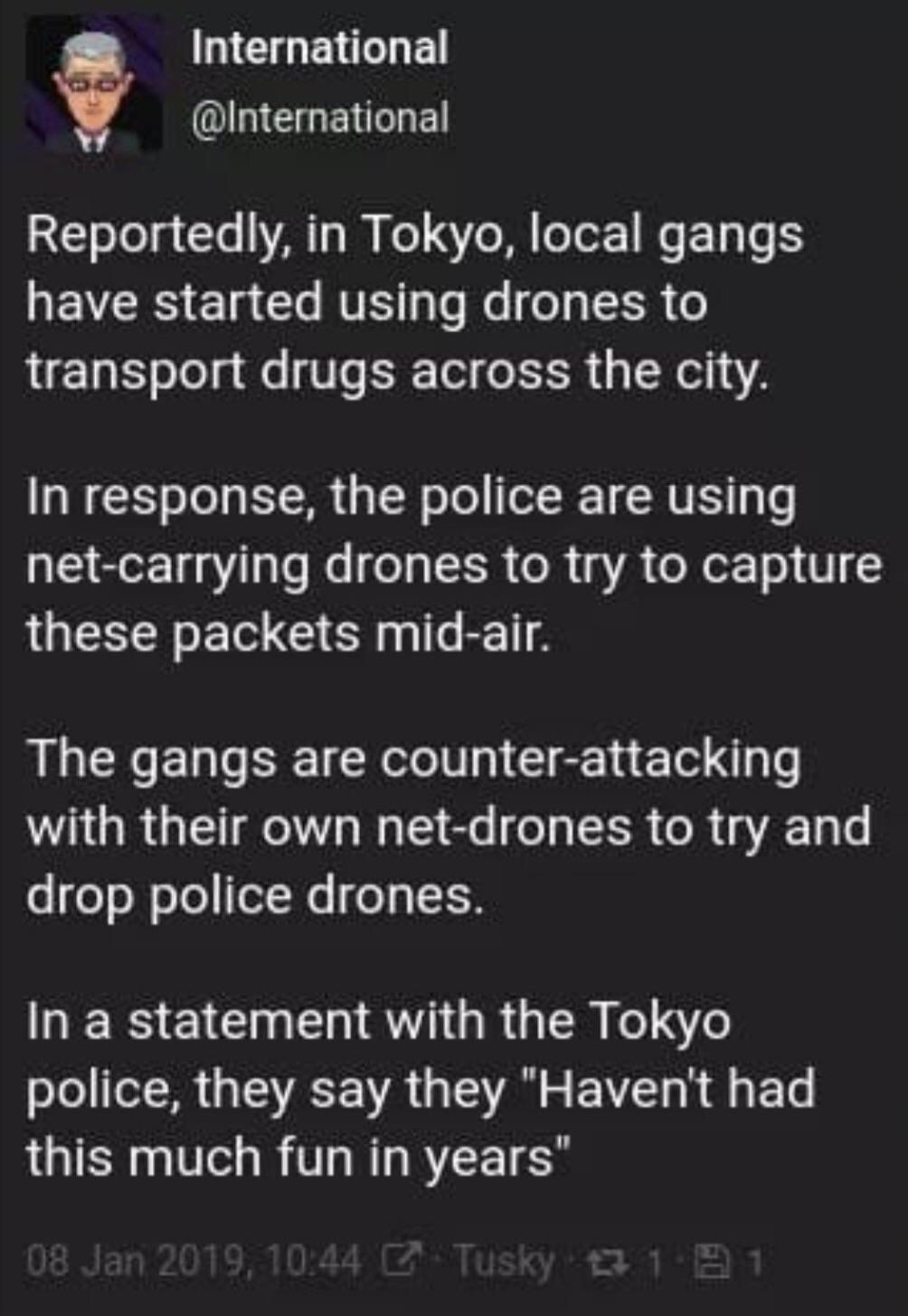Twitter post about Tokyo Police and drones